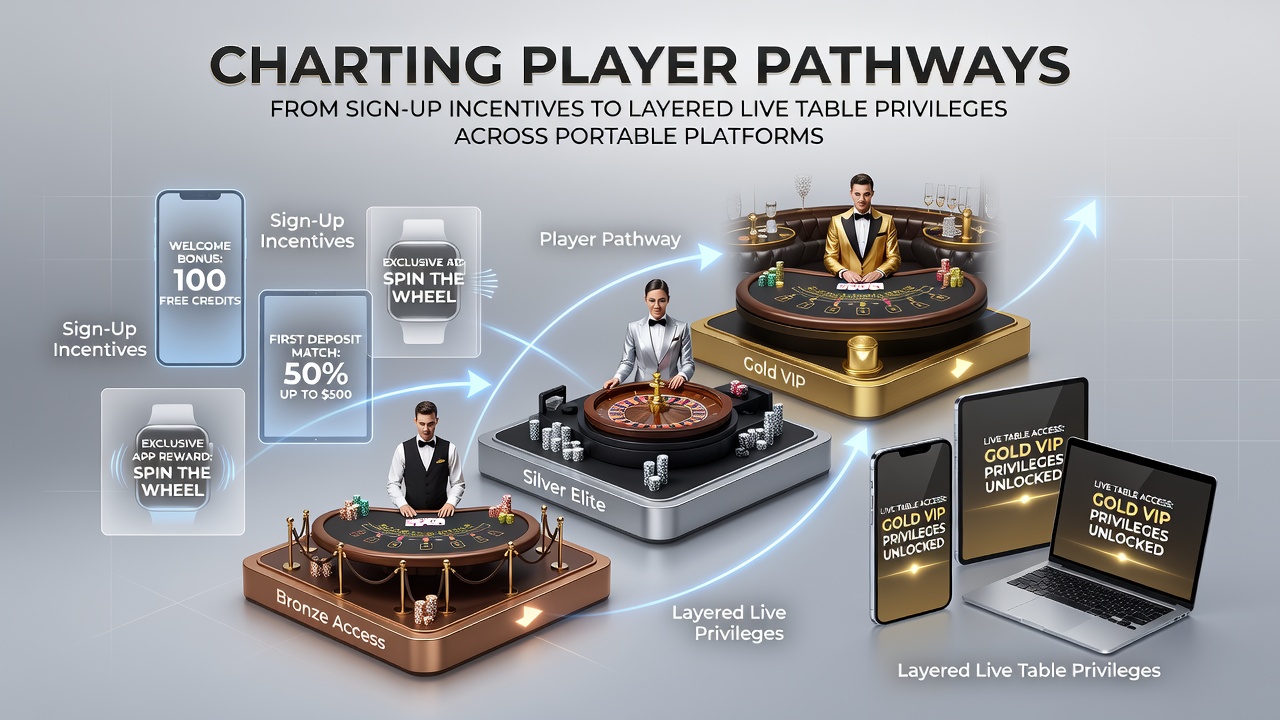 Übersicht über Spielerpfade von Anmeldeboni zu Live-Tisch-Privilegien auf mobilen Geräten