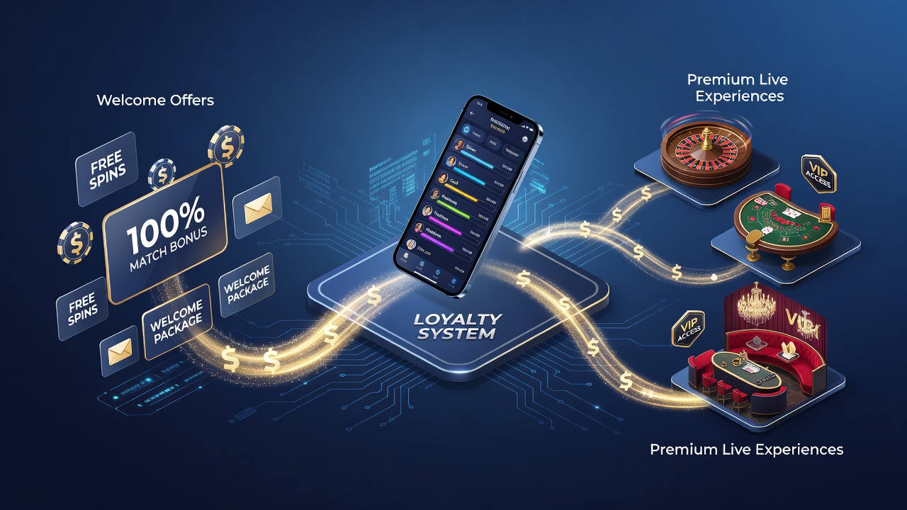 Darstellung der Geldströme von Willkommensangeboten über Treuepunkte hin zu Premium-Live-Erlebnissen in mobilen Casino-Apps