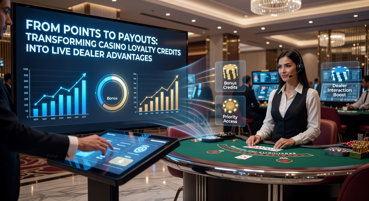 Grafik, die die Umwandlung von Casino-Loyalty-Punkten in exklusive Live-Dealer-Vorteile darstellt, mit Symbolen für Punkte, Tische und Belohnungen