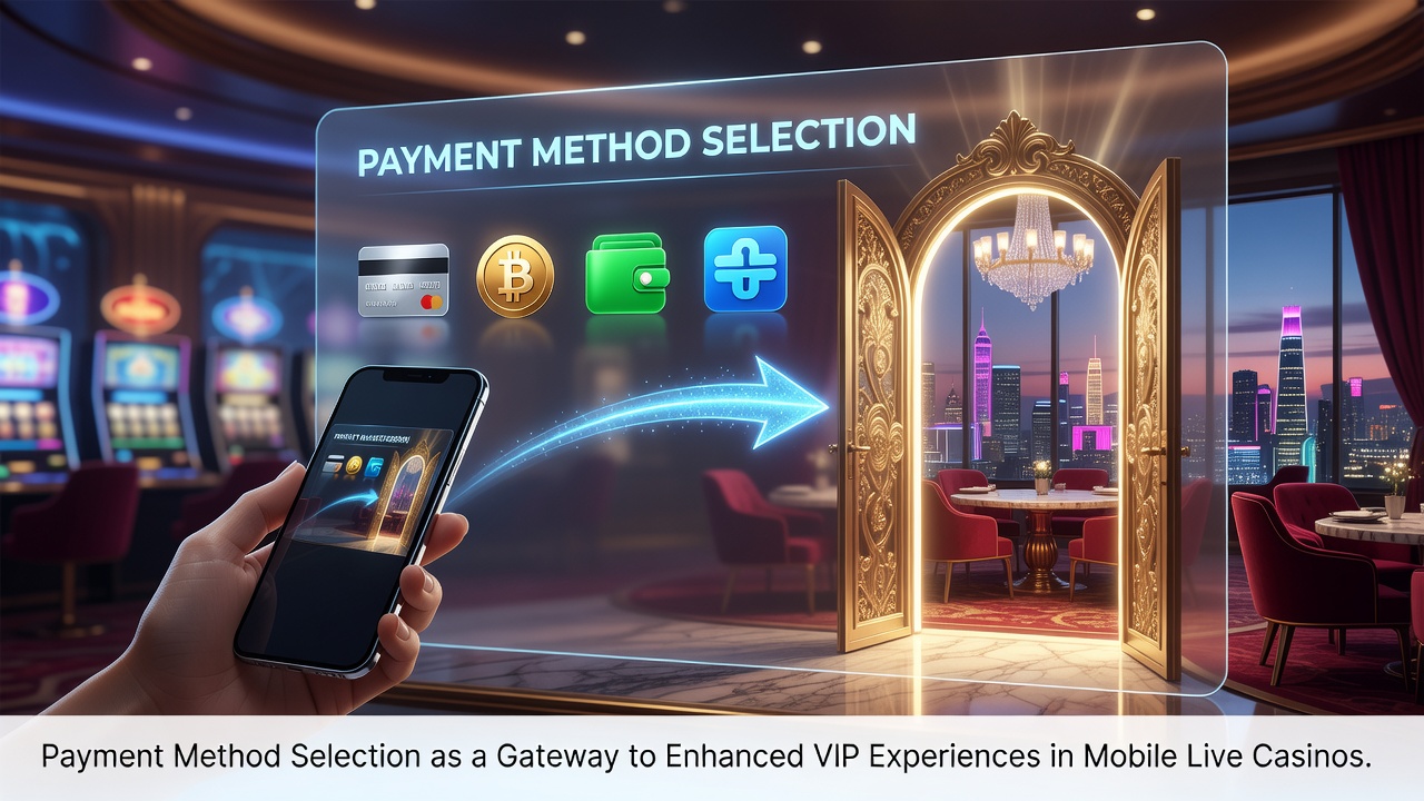 Darstellung verschiedener Zahlungsmethoden in einer mobilen Casino-App mit VIP-Stufen und Live-Dealer-Tischen