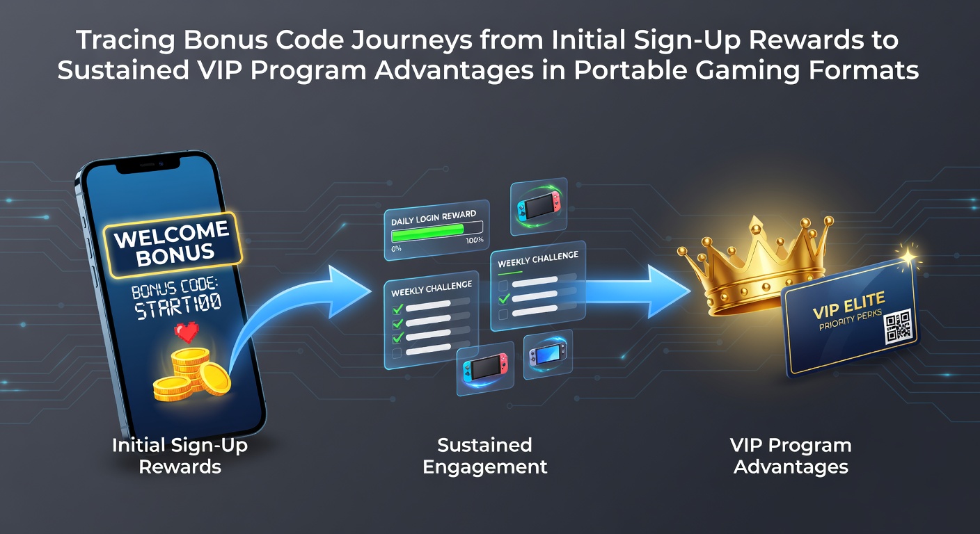 Illustration der Bonus-Code-Reise von der Anmeldung bis zum VIP-Status in mobilen Casinos