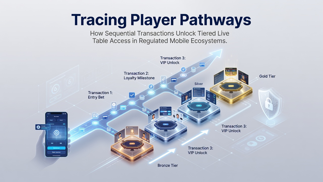 Diagramm zeigt Transaktionspfade von mobilen Einzahlungen zu Live-Tisch-Stufen in regulierten Casino-Apps